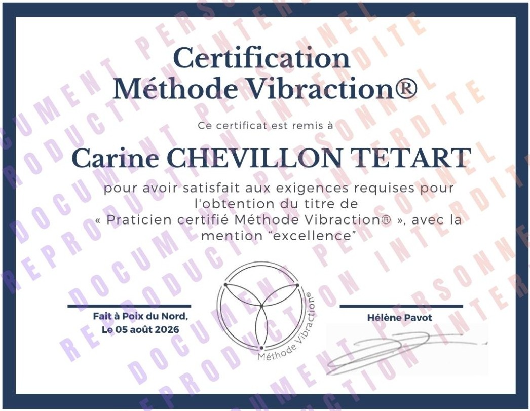 Certificat personnel de praticienne de la Méthode Vibraction®